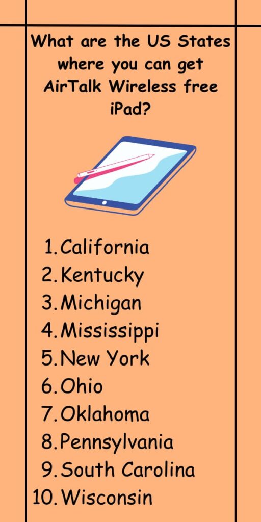 What are the US States where you can get AirTalk Wireless free iPad?